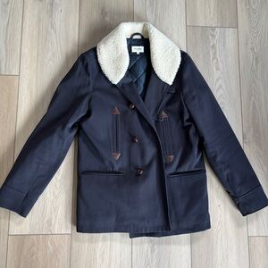 Octobre Editions - Navy Double-Breasted Jacket with Shearling Collar
